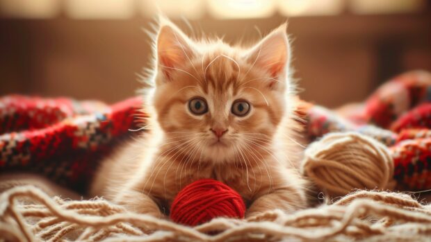 Adorable kitten playing with a ball of yarn, Cute Animal Image.