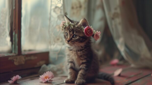 Adorable kitten with a flower crown.