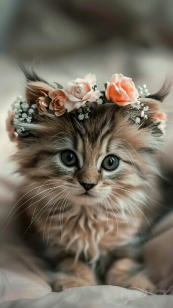 Adorable kitten with a flower crown, Cute iPhone background.