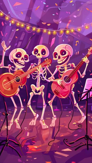 Adorable skeletons playing musical instruments in a spooky band.