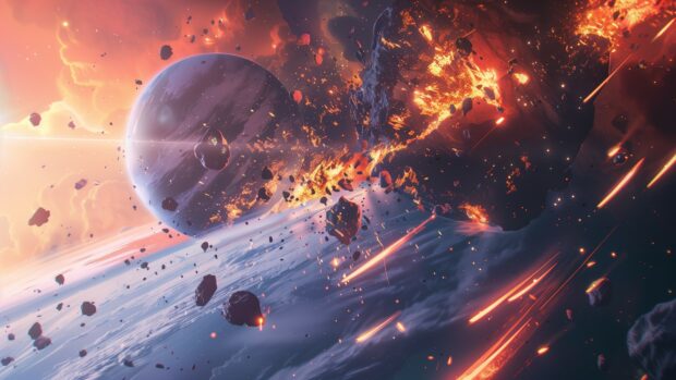 Aesthetic Anime Space background HD with a dramatic anime scene of a planet being destroyed, with vibrant explosions and cosmic debris flying through space.