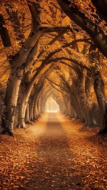 Aesthetic Autumn pathway covered in golden leaves, trees arching overhead.