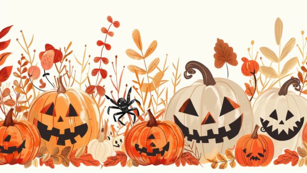 Aesthetic Halloween HD pumpkin patch with stylized pumpkins and autumn foliage.