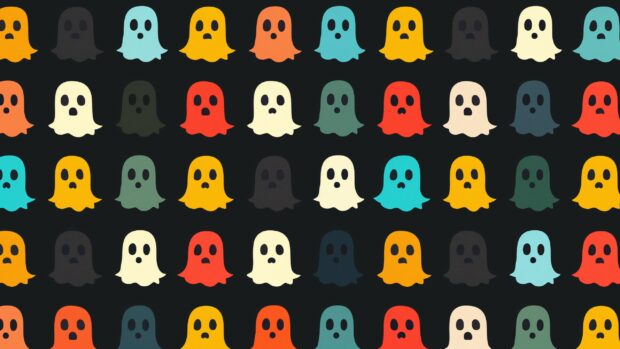 Aesthetic Halloween Wallpaper with a horizontal pattern of the cute phantom ghost, in different colors.