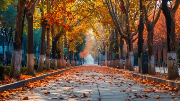 Aesthetic Nature Desktop Wallpaper HD with a quiet street lined with trees in full autumn colors, red fallen leaves covering the sidewalk.