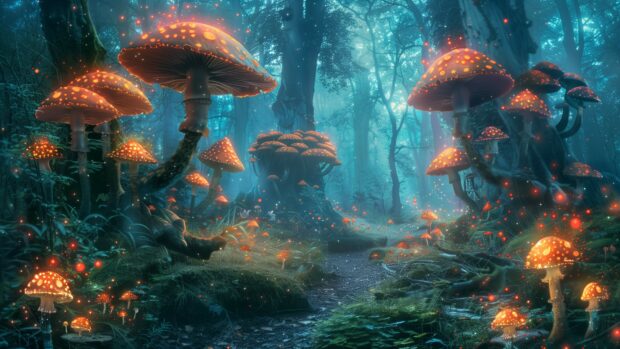 Aesthetic Nature Desktop Wallpaper with Enchanted forest with mystical glowing mushrooms, twilight, magical atmosphere, whimsical scenery.