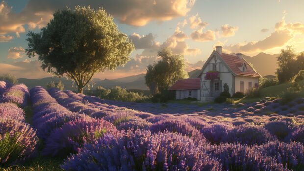 Aesthetic Nature Flowers Wallpaper 4K with idyllic countryside with rolling hills, fields of lavender, quaint farmhouse, golden hour.
