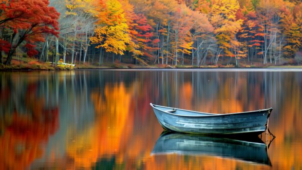 Aesthetic Nature Wallpaper 4K with a tranquil lake reflecting the autumn foliage, with a boat anchored by the shore.