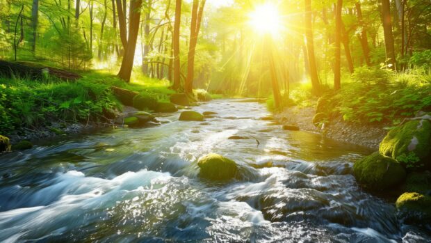 Aesthetic Nature Wallpaper with Crystal clear river flowing through a dense forest, moss covered rocks, dappled sunlight, tranquil vibe.