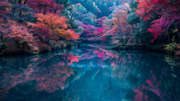 Aesthetic Nature Wallpaper with Peaceful lake surrounded by autumn foliage, mirror like water reflecting the vibrant colors, soft morning light.