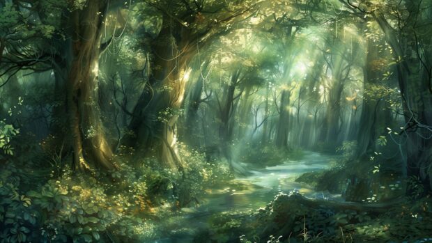 Aesthetic Nature Wallpaper with Tranquil forest with towering ancient trees, dappled sunlight filtering through leaves, misty morning ambiance.