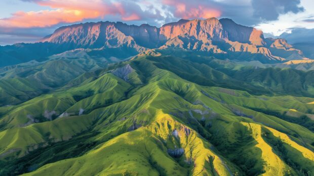 Aesthetic Nature background with Majestic mountain range at sunrise, vibrant colors, lush green valleys, serene atmosphere.