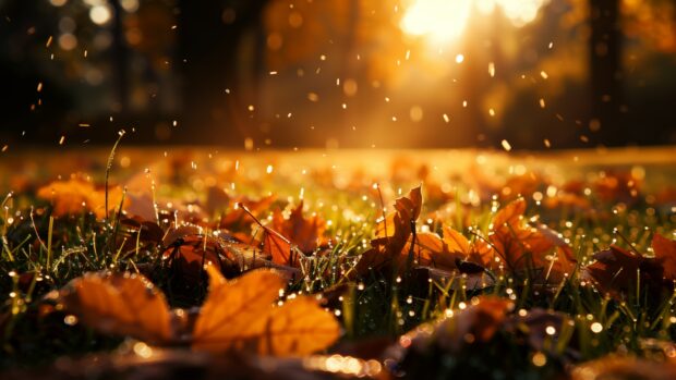 Aesthetic Nature background with a crisp fall morning with dew on the grass and leaves, sunlight streaming through the trees.
