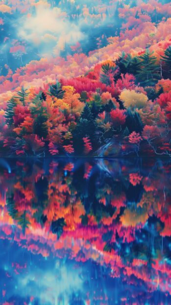 Aesthetic Nature iPhone Wallpaper with Serene lake surrounded by vibrant autumn foliage, mirror like reflections, and soft morning light.
