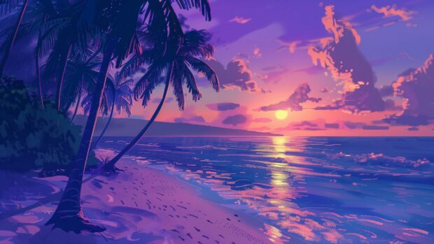 Aesthetic Nature photo with Tropical beach with white sand, turquoise water, palm trees swaying, vibrant sunset, peaceful horizon.