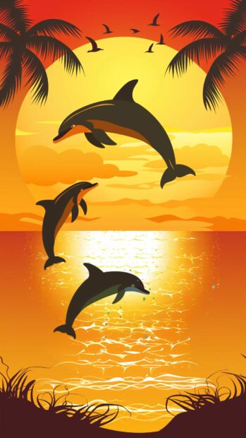 Aesthetic Ocean wallpaper with a sunset over the ocean with silhouettes of dolphins jumping.