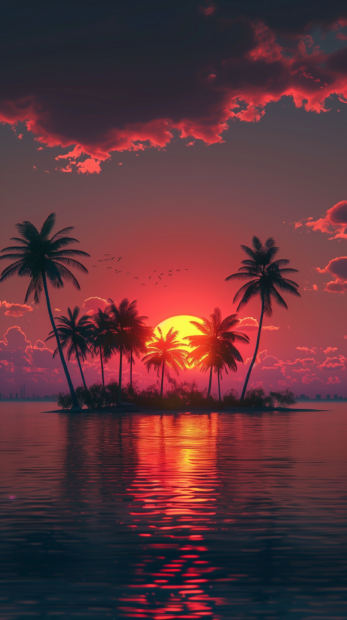 Aesthetic Wallpaper HD with Sunset over a tropical island, palm trees swaying in the breeze.