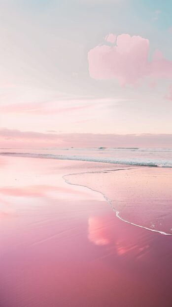 Aesthetic beach at sunrise with pastel colors reflecting on calm waters.