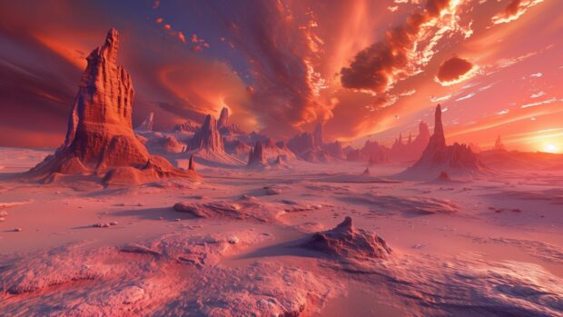 Alien desert with cool strange rock formations and a crimson sky 2K wallpaper for PC.