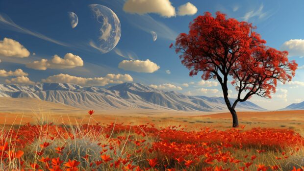 Alien landscape with bizarre flora and cool twin moons, cool wallpaper for laptop.