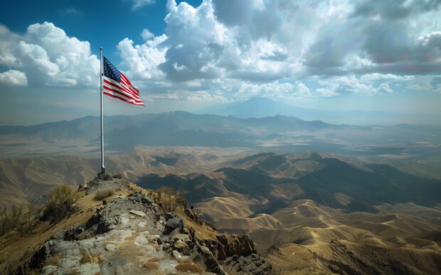 American flag on a mountain top, Desktop Background.