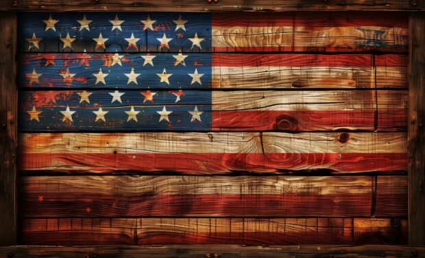 American flag on a rustic wooden background.