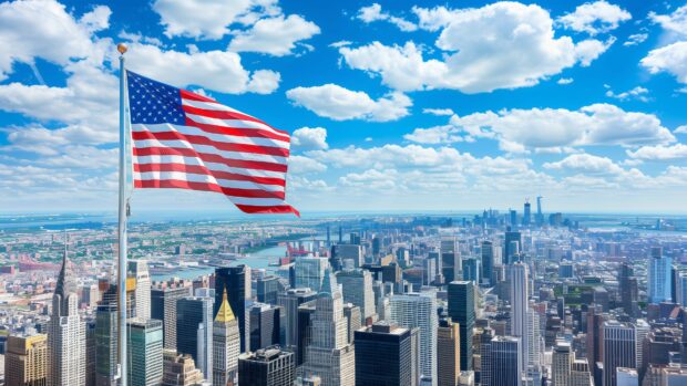 American flag over a cityscape, 4K Wallpaper HD.
