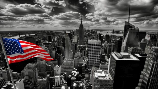 American flag over a cityscape, Background free download.