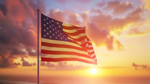 American flag with a cool sunset background.