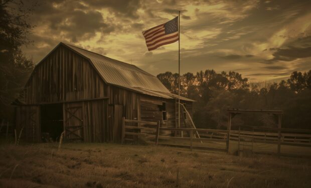 American flag with a rural barn, Desktop Background.
