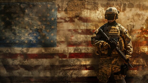 American flag with a silhouette of a soldier, 4K Wallpaper HD for Desktop.