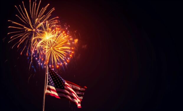 American flag with fireworks in the night sky, Wallpaper HD for Desktop.