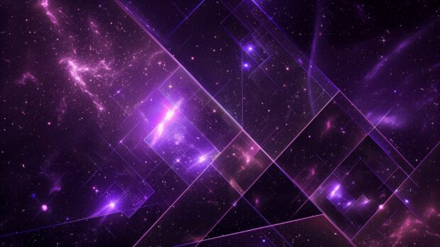 An abstract purple cool space scene with geometric shapes and patterns intersecting a starry background, creating a modern and artistic look.