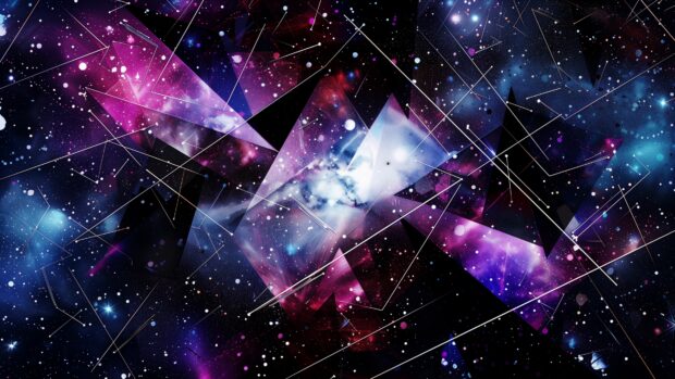 An abstract space 4K desktop wallpaper with geometric shapes and lines intersecting a starry background, creating a modern and artistic look.