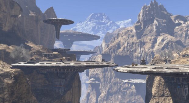 An alien city with advanced architecture and floating platforms, Sci fi wallpaper.