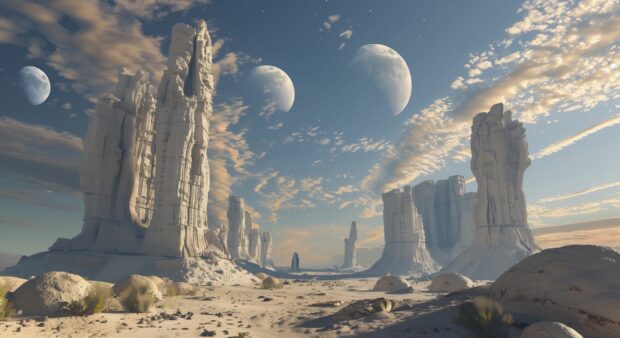 An alien landscape with towering rock formations and multiple moons, Sci fi wallpaper HD.