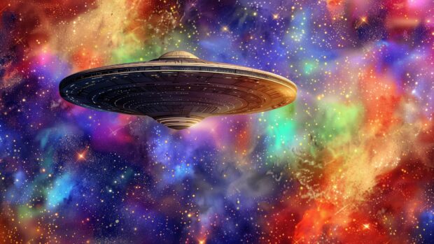 An alien spaceship exploring a colorful nebula, with details and cosmic dust creating a sense of wonder and mystery.