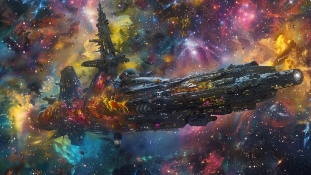 An alien spaceship exploring a nebula, with intricate details and cosmic dust creating a sense of wonder and mystery.
