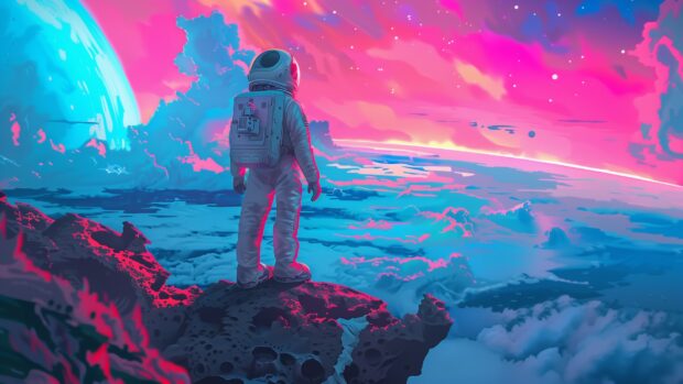 An anime astronaut exploring a distant planet, with vibrant alien landscapes and a star filled sky, Space desktop background.