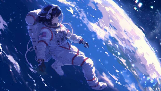 An anime girl in a spacesuit floating in deep space, with Earth and distant stars visible in the background, serene and beautiful, Anime background.