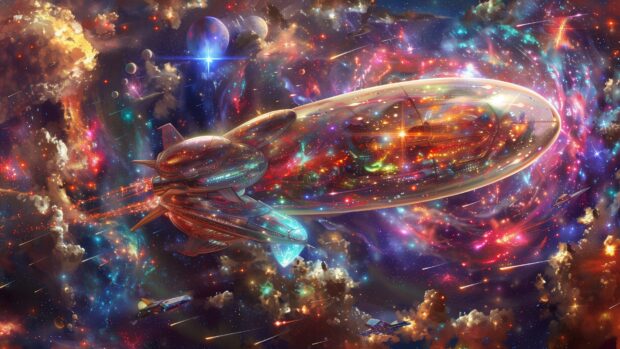 An anime spaceship soaring through a vibrant galaxy with colorful stars and nebulae in the background, detailed and dynamic, Space desktop background.
