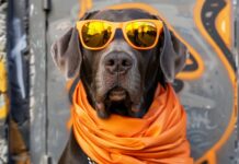 An artistic cool dog wearing sunglasses and a scarf.