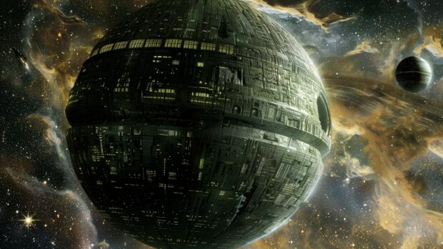 An artistic depiction of a Dyson sphere surrounding a star, harnessing its energy in the vastness of Space HD desktop background.
