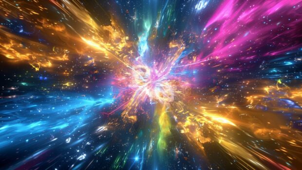 An artistic depiction of a colorful supernova explosion, with radiant hues of blue, pink, yellow, and purple spreading through space.