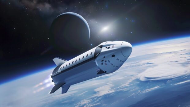An artistic rendering of a SpaceX Starship traveling through deep space, with distant stars and galaxies visible in the background.