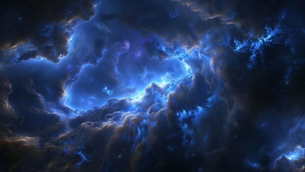 An artistic rendering of a distant galaxy cluster bathed in blue light, with intricate details and cosmic dust.