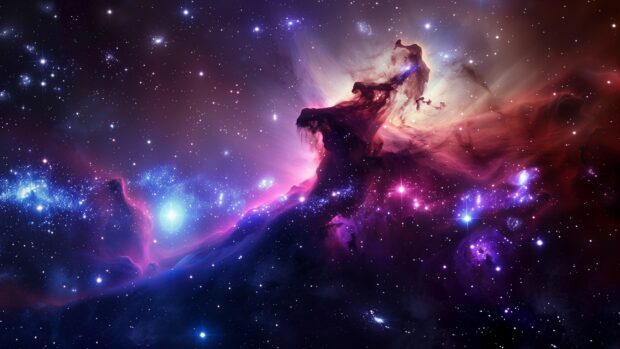 An artistic rendering of the Horsehead Nebula with its iconic shape and rich colors set against the darkness of cool space background.