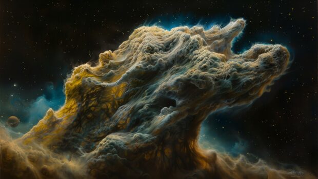 An artistic rendering of the Horsehead Nebula with its iconic shape and rich colors set against the darkness of space.