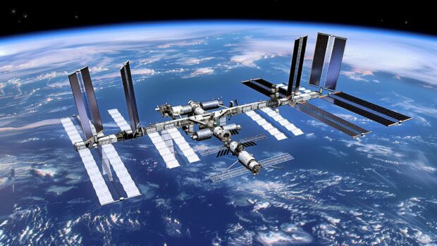 An artistic rendering of the International Space Station, highlighting its futuristic design and advanced technology HD desktop wallpaper.