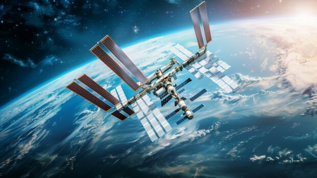 An artistic rendering of the International Space Station, highlighting its futuristic design and advanced technology HD wallpaper 1080p.